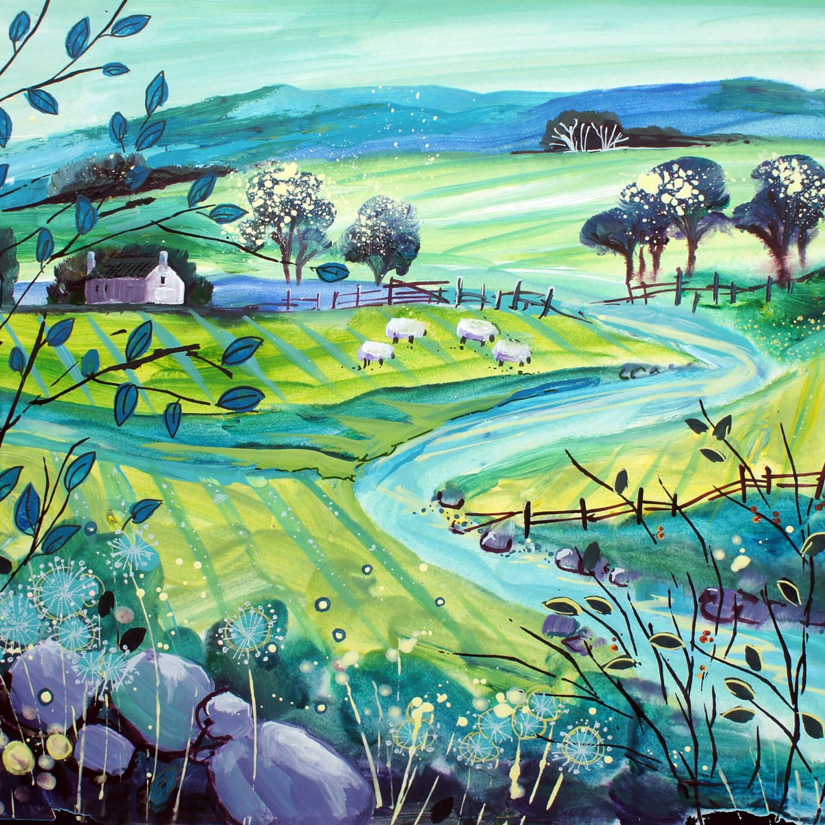 Impressionistic Landscape Acrylic Painting By Julia Rigby, 14 X 14", Little Cottage, Original Artwork