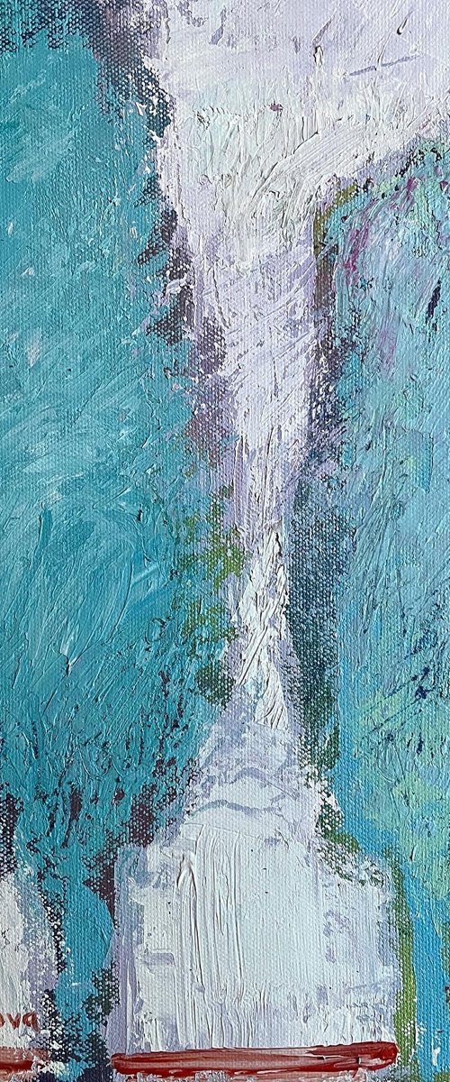 Tandem. Small acrylic painting, 11 x 14 in, turquoise, blue, gray. by Daria Borisova