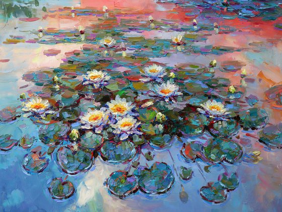 "Evening river with lilies"