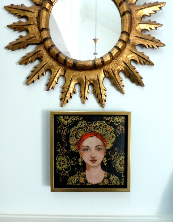 Slavic song. Female redhead icon on wooden panel 20 x 20 cm and frame.