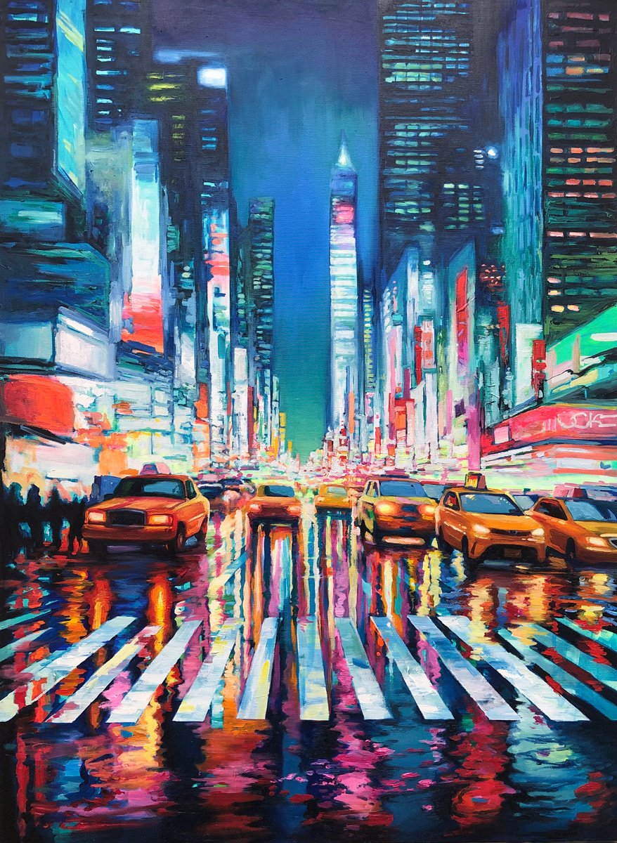Impressionistic Cityscapes Oil Painting By Viacheslav Zaykin, 29 X 39", Lights Of The Evening City., Original Artwork