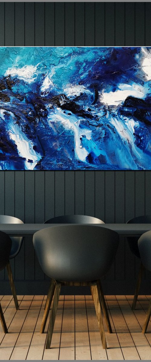 Teal Blue Candy 200cm x 80cm Blue Teal White Textured Abstract Art by Franko