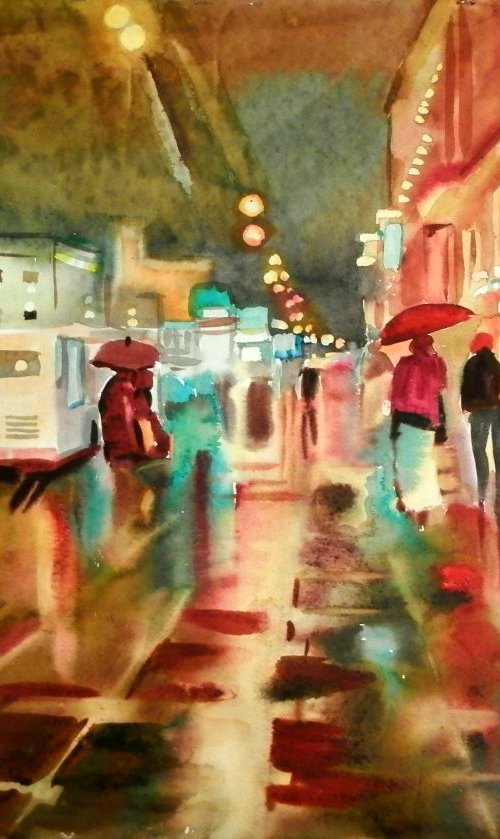 Rain in the city, large watercolor 98x68 cm by Valentina Kachina