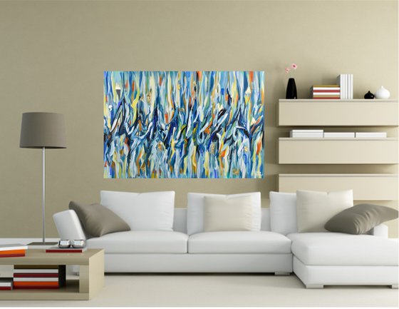 A touch of sunshine III - original abstract painting, navy blue, gold leaf, orange contemporary artwork