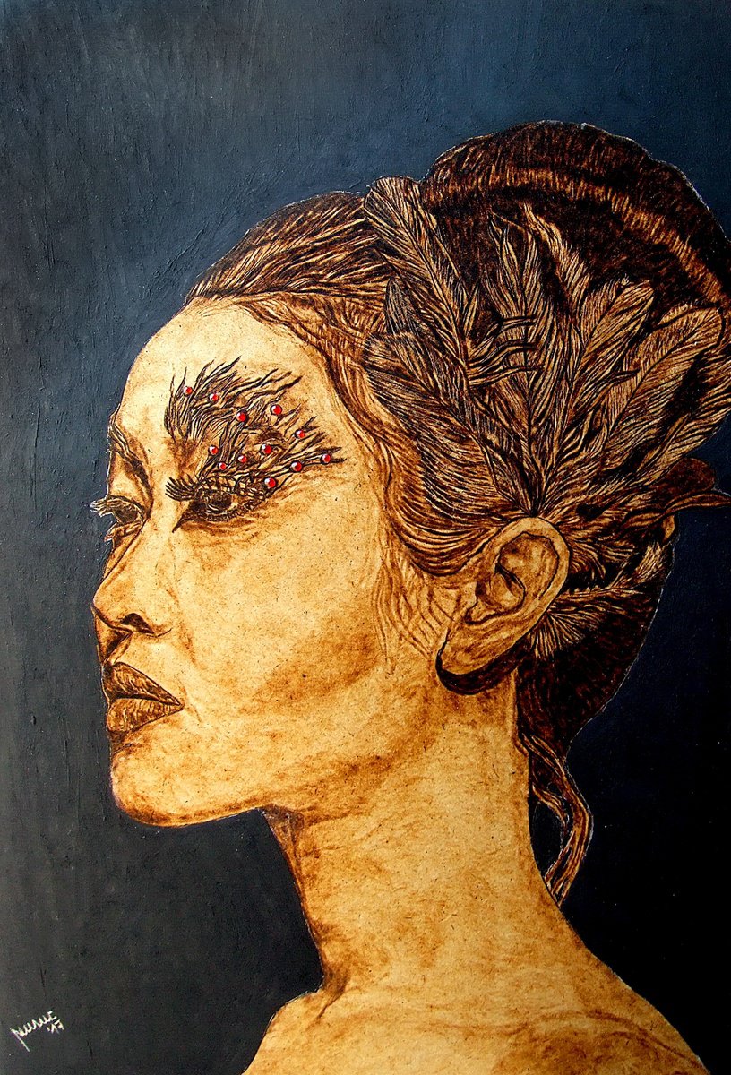Expressive Portrait Painting By Milis Pyrography, 13 X 20", Emiko, Original Artwork