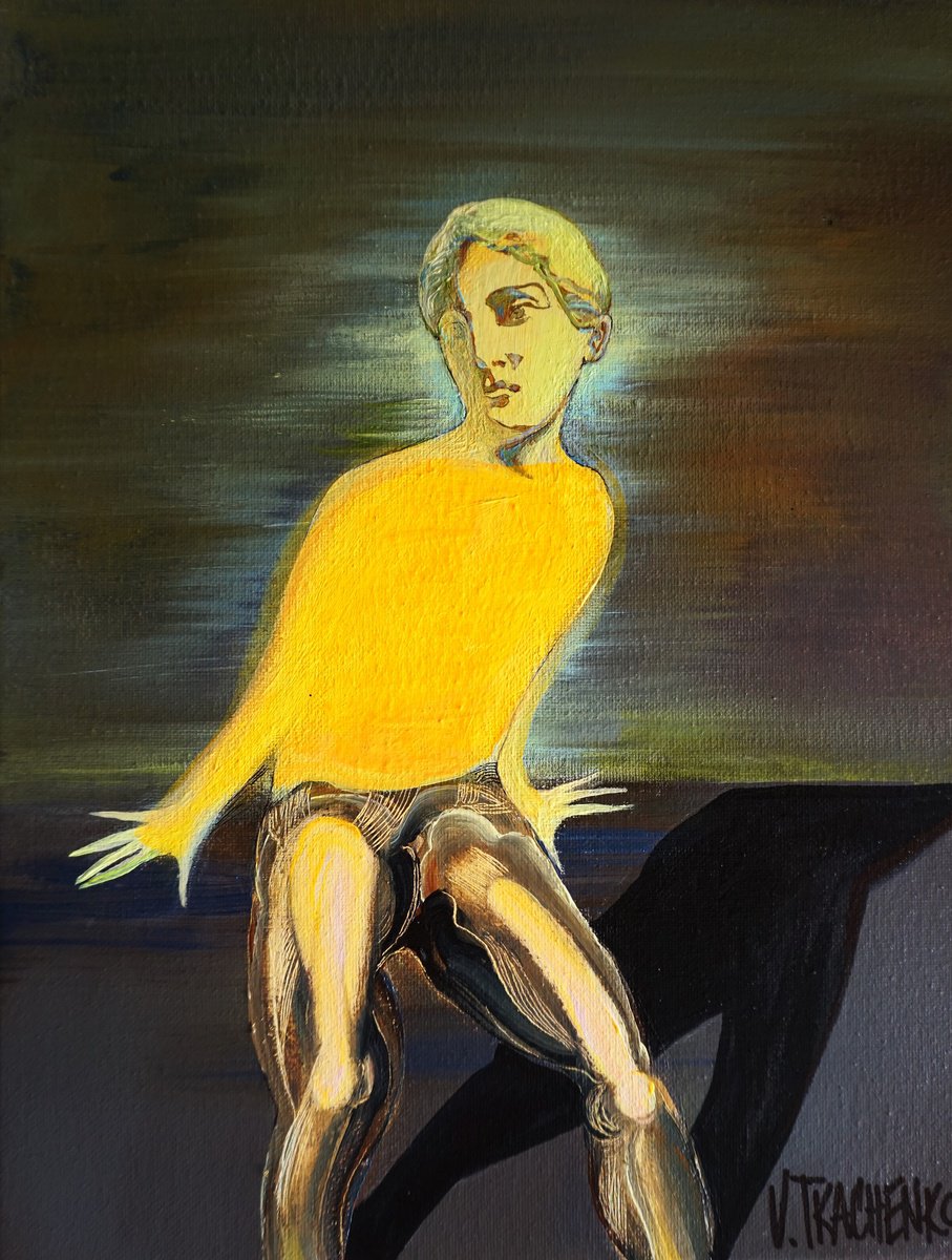 Organic Portrait Acrylic Painting By Victor Tkachenko, 11 X 14", Jumping Yellow, Original Artwork