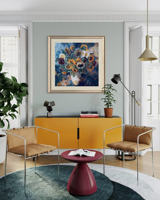 A large bouquet of sunflowers