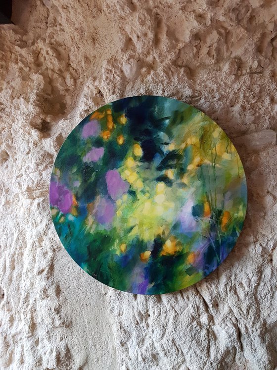 Memories of secret - abstract dreaming landscape tondo - original painting on round canvas - atmospheric abstraction circular canvas Path mystery