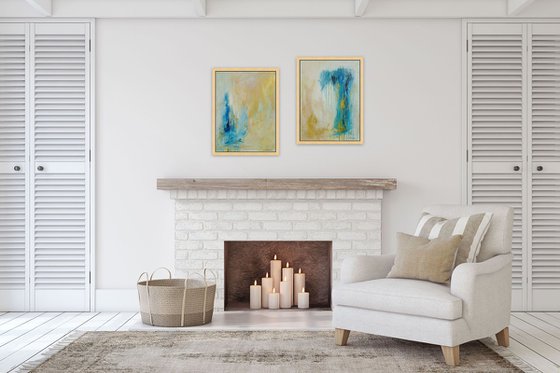 Large Abstract Painting. Modern Blue and Gold Diptych Art. 61 x 91 cm