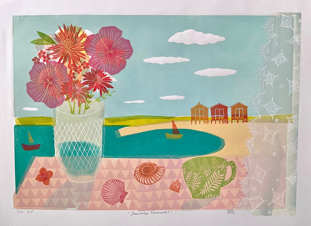 Naive Still Life Linocut By Alison Headley, 17 X 12, Seaside Treasures, Original Artwork