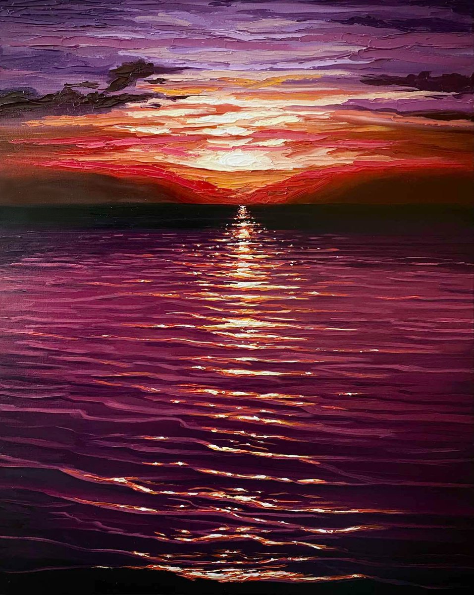 Impressionistic Landscape Oil Painting By Elena Adele Dmitrenko, 16 X 20, Violet Sunset, Original Artwork