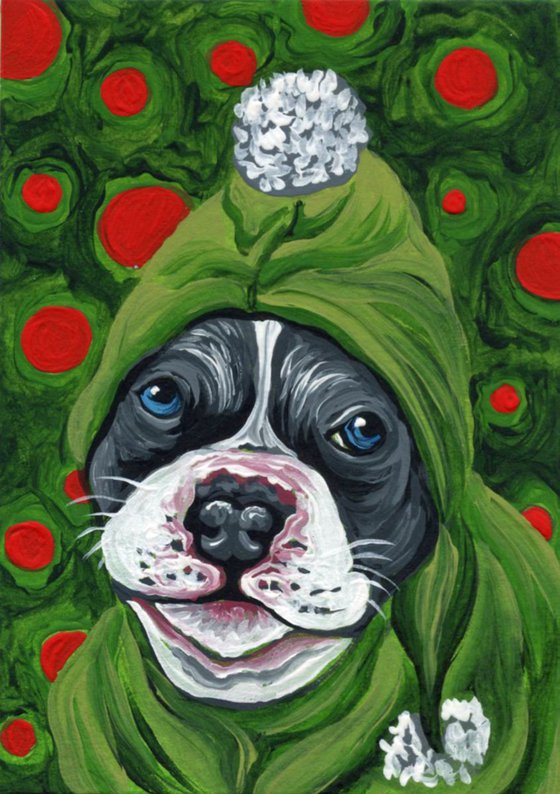 ACEO ATC Original Painting Christmas Elf Pit Bull Pet Dog Art-Carla Smale