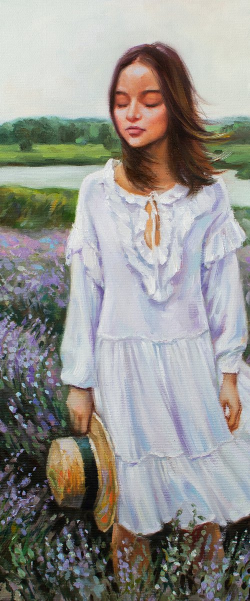 LAVENDER WIND - Majestic Symphony of Nature: Elevate Your Space with the Oil Painting with Beautiful Girl and Tranquility of Lavender Field by Yaroslav Sobol
