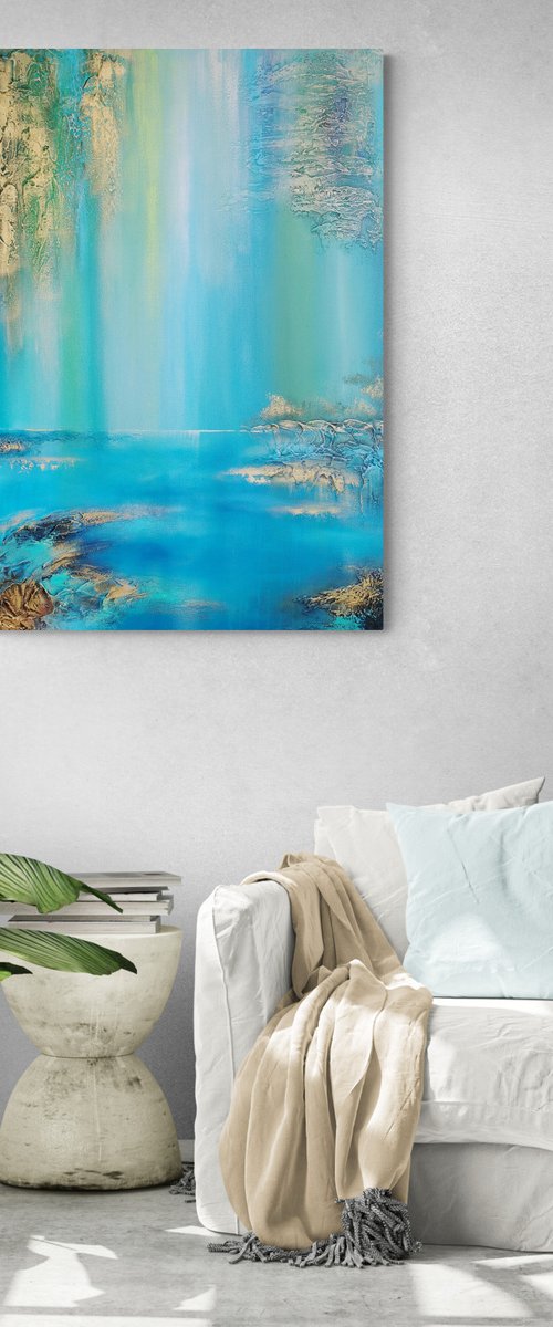 A XL large semi-abstract beautiful structured mixed media painting of a lake "Under the willow" by Vera Hoi