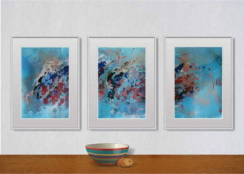 Set of 3 Fluid abstract original paintings on carton - 18J032 by Kuebler