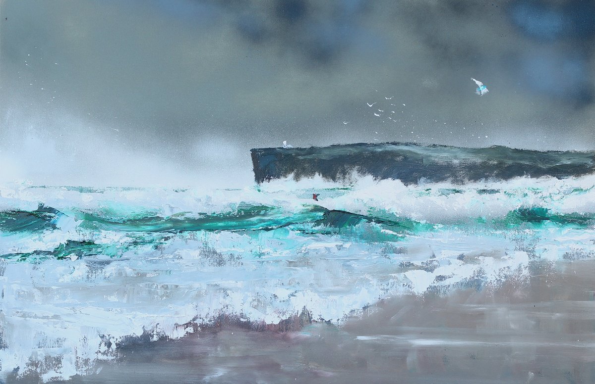 Impressionistic Landscape Oil Painting By Bill Mcarthur, 33 X 23, Lone Kite Surfer, Original Artwork