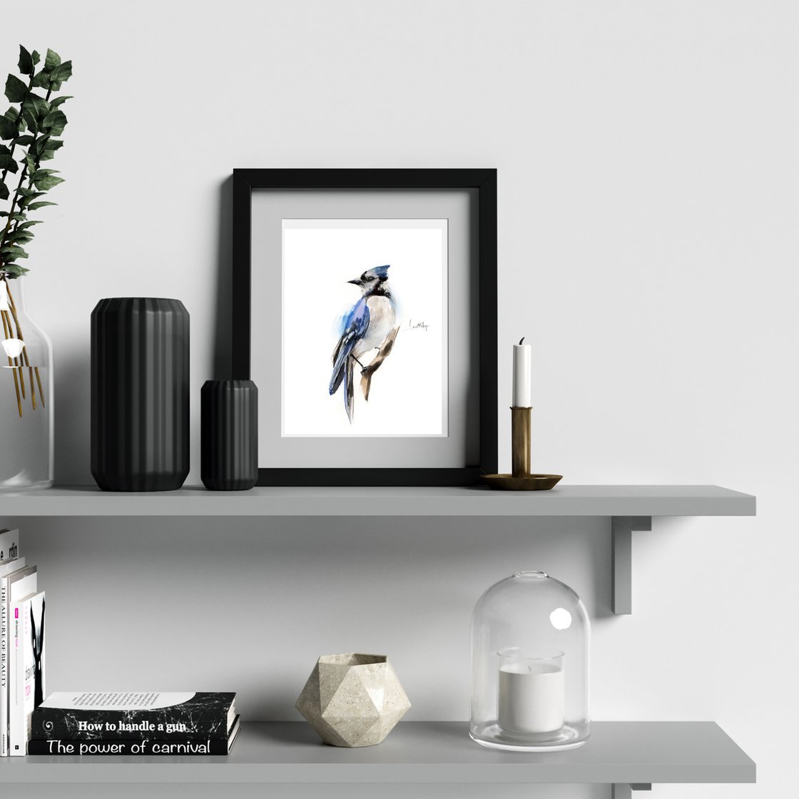 Framed Canvas Art (White Floating Frame) - Blue Jay Bird by Sophie Rodionov ( Animals > Birds > Jays art) - 26x18 in