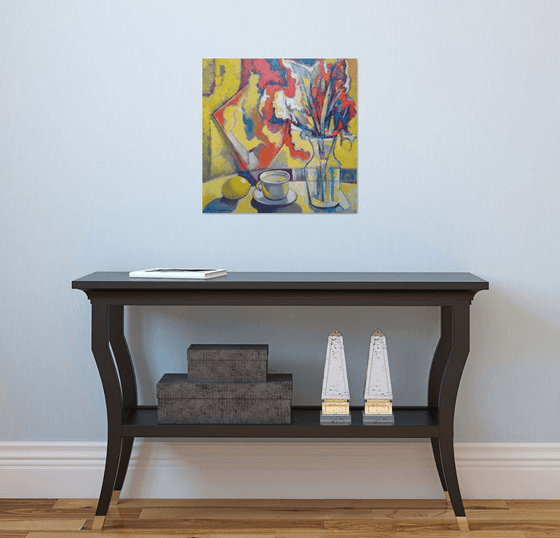 Yellow still life (50x50cm, cubism, oil painting, ready to hang)