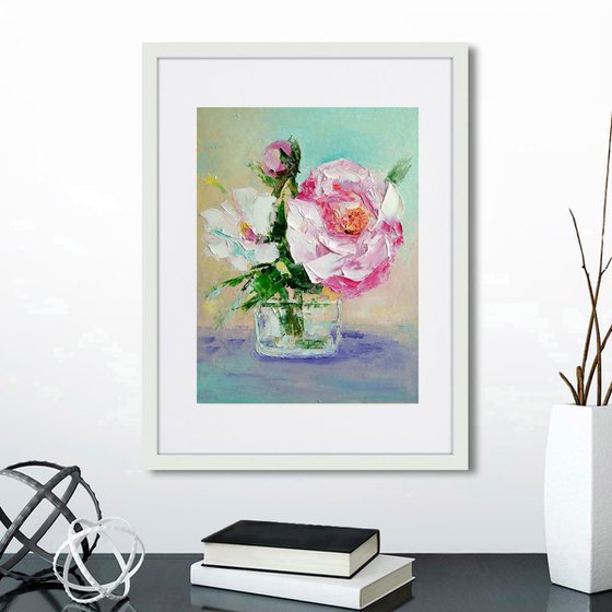 Peonies Painting Original Art Pink Floral Small Artwork Daisy Wall Art