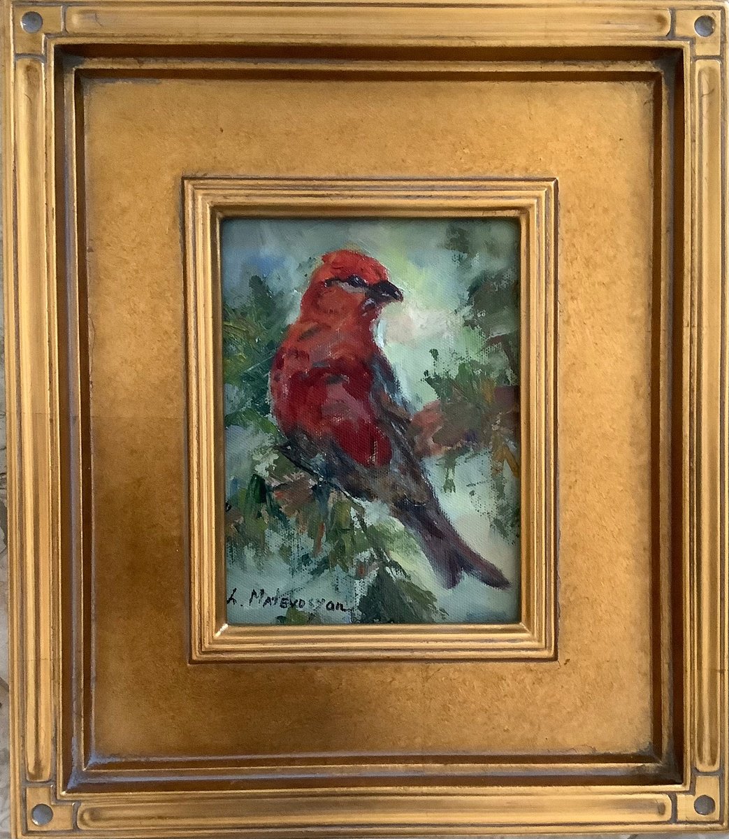 Impressionistic Animal Oil Painting By Lia Matevosyan Haselton, 13 X 15", Pine Grosbeak, Original Artwork