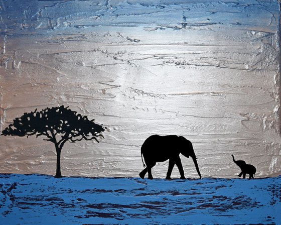 original abstract animal art acrylic silver blue impasto landscape "elephants at Dusk" africa animal painting art canvas - 40 x 50 cm