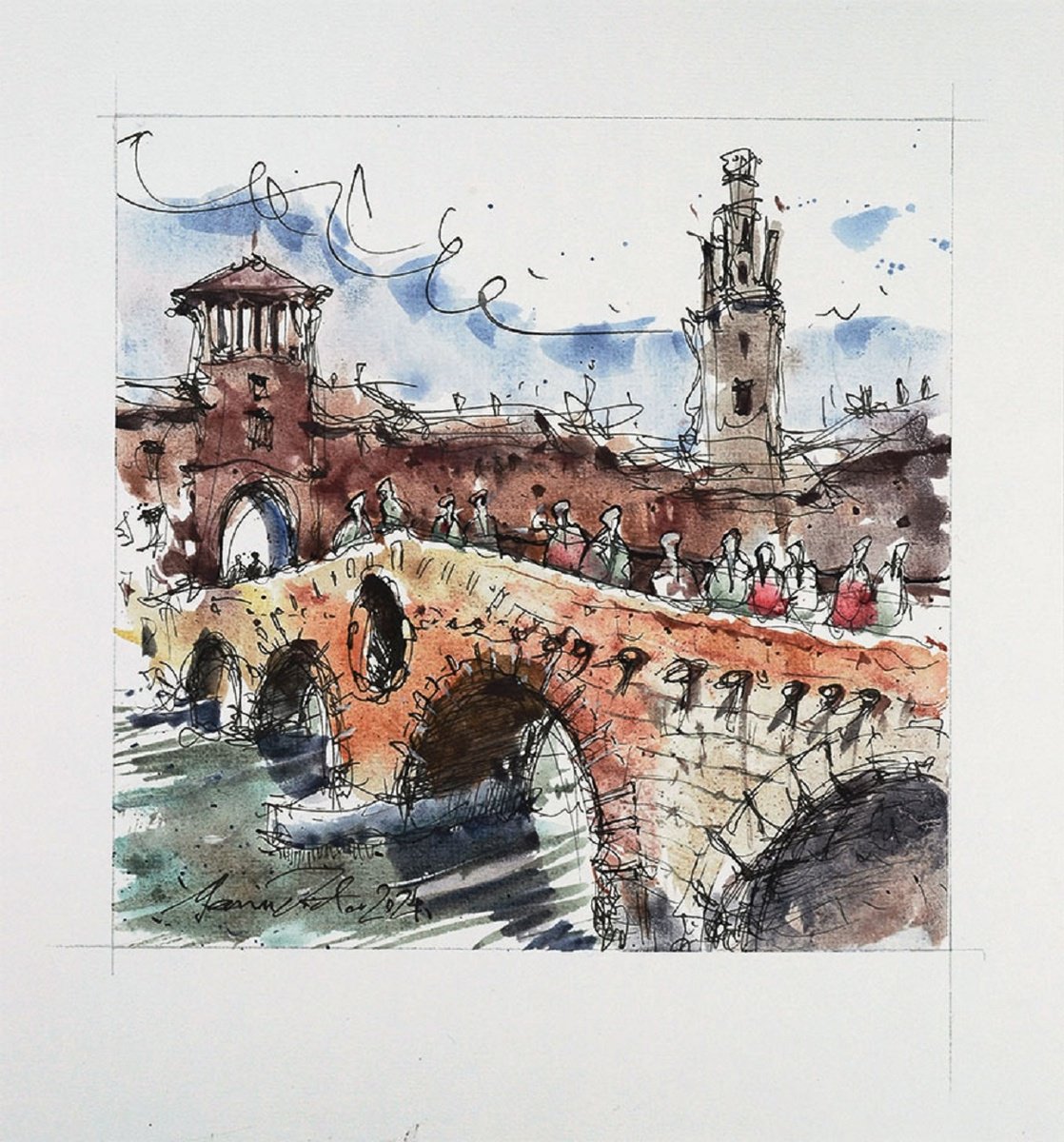 Impressionistic Cityscapes Watercolour By Marin Victor, 7 X 7", Verona, Original Artwork