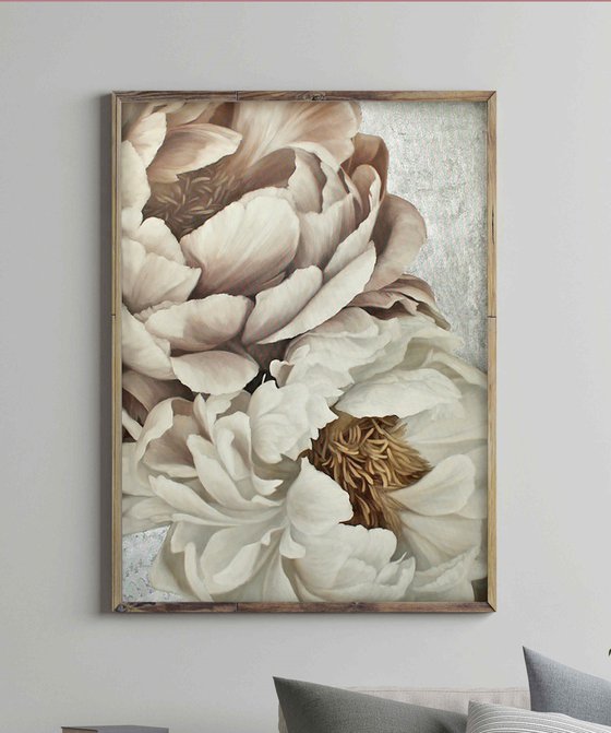 "Silk Flowers 2" White pink silver peonies