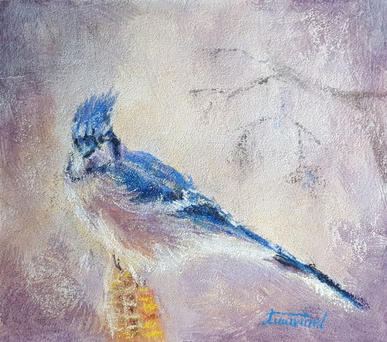 ORIGINAL PAINTING - Blue Jay - Beautiful soft pastel. Wall decor art. One of kind. Free wild bird in nature