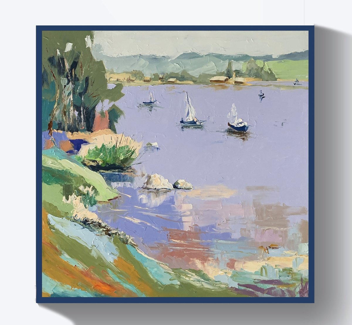 Expressive Landscape Oil Painting By Vita Schagen, 24 X 24", Sailing Boats On The Lake., Original Artwork