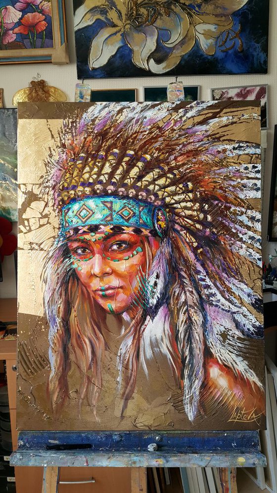 Portrait native american woman - portrait abstract girl, headdress feathers birds