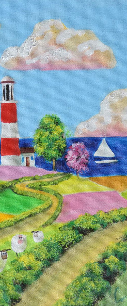 Sheep and a lighthouse folk art landscape by Gordon Bruce