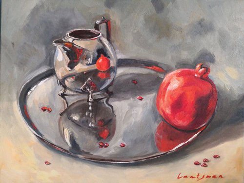 Pomegranate with Silver Teapot on a silver tray still life by Jane Lantsman