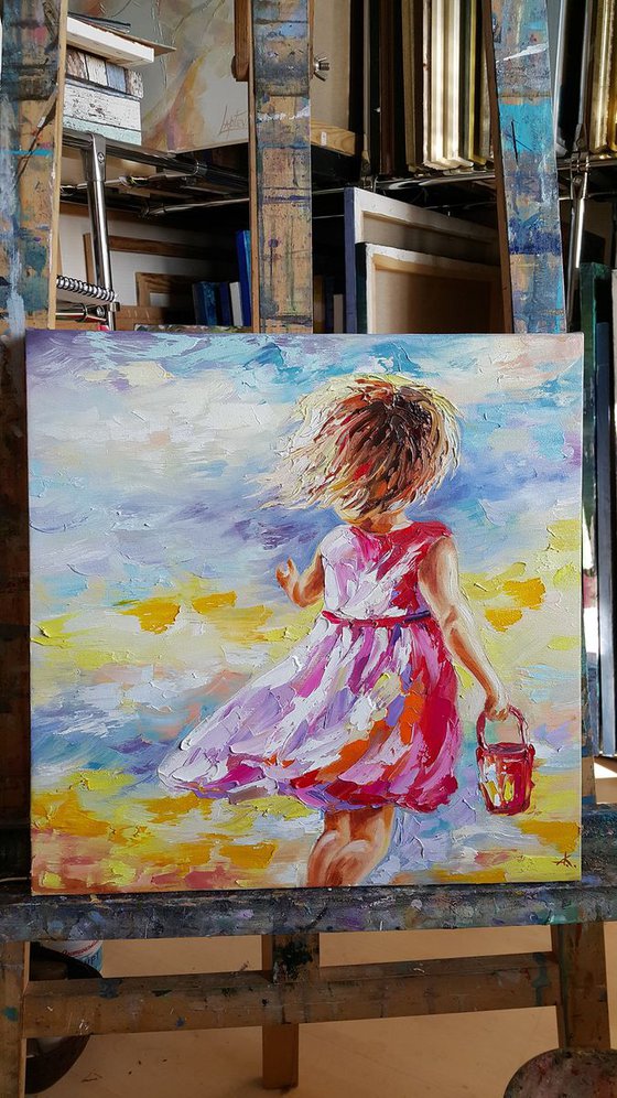 Good memories - childhood, child, oil painting, girl, little girl, happy childhood, children