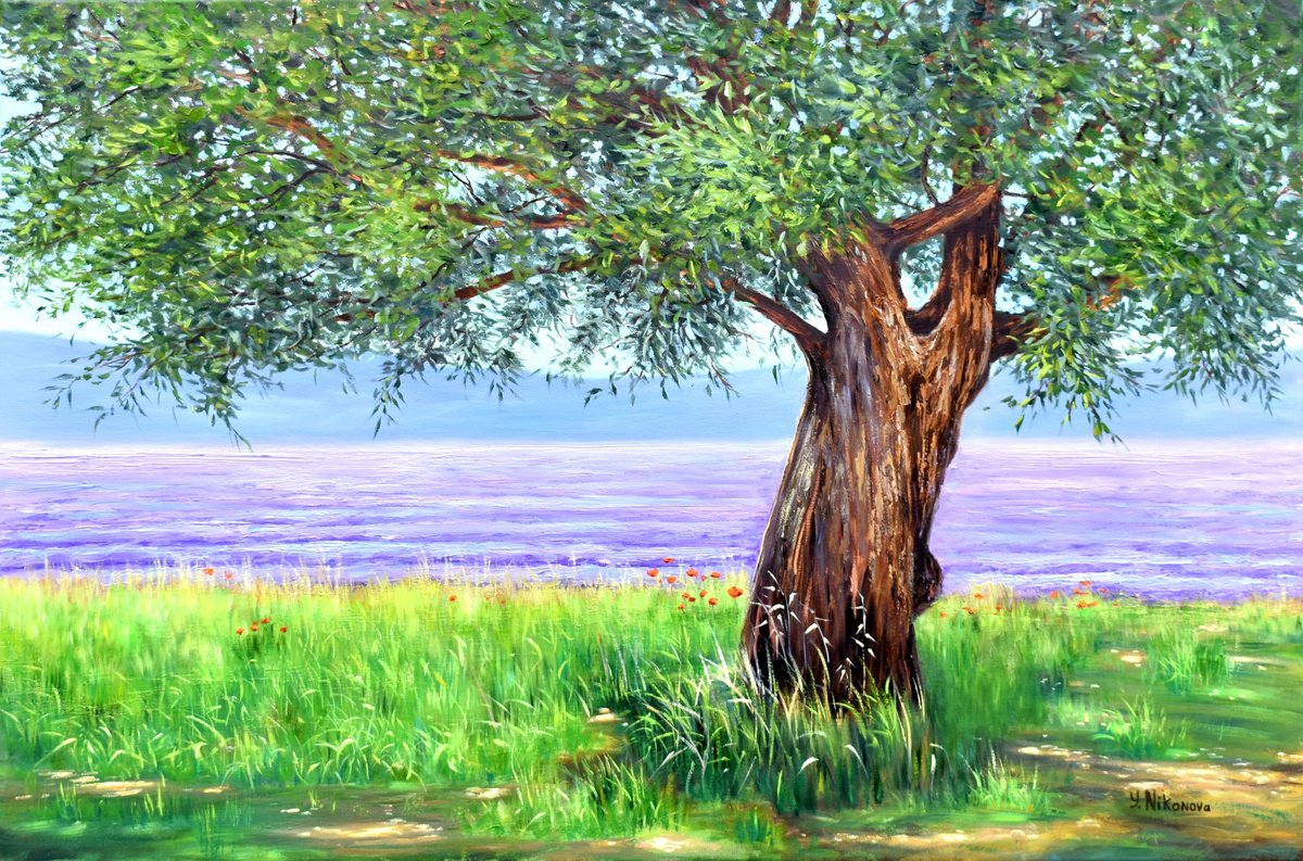 Impressionistic Landscape Oil Painting By Yulia Nikonova, 36 X 24", Olive Tree, Original Artwork