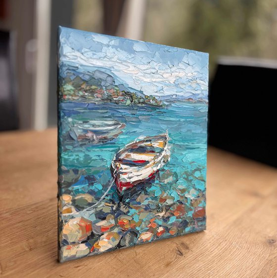 "Boat by the Shore" seascape painting