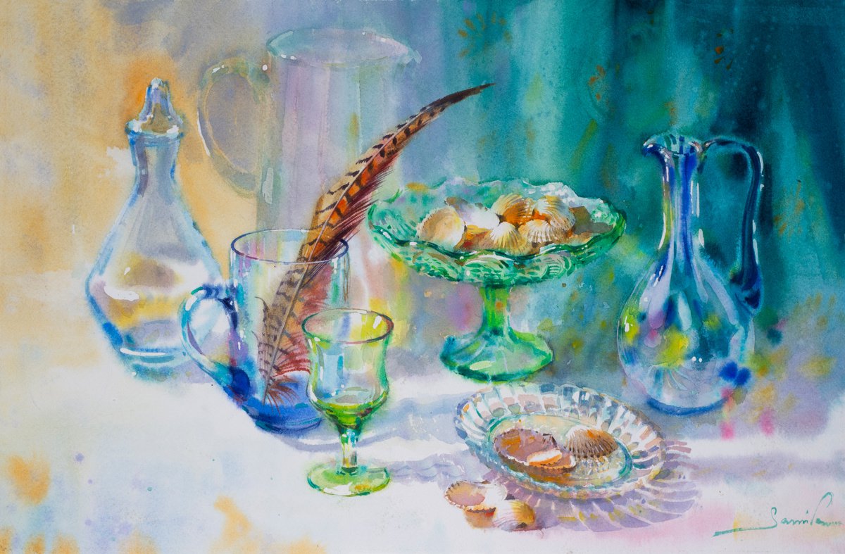 Still life of glass decanter and different glass dishes on a table. Original still Life in... by Samira Yanushkova