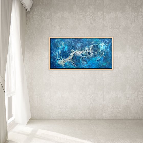 Large Blue Abstract Seascape Textured Painting Blue, Silver, Gold. Modern Art with Heavy Texture. Abstract Landscape Contemporary Artwork for Livingroom or Bedroom