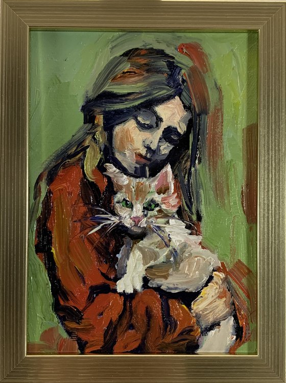 Heartfelt Connection. Cat,Girl