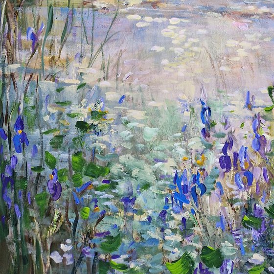 Blue irises at the pond II