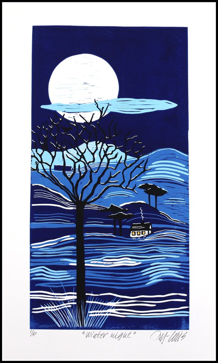 Illustrative Linocut , Winter Night By Mariann Johansen-Ellis, 12 X 20, Artwork For Sale On Artfinder