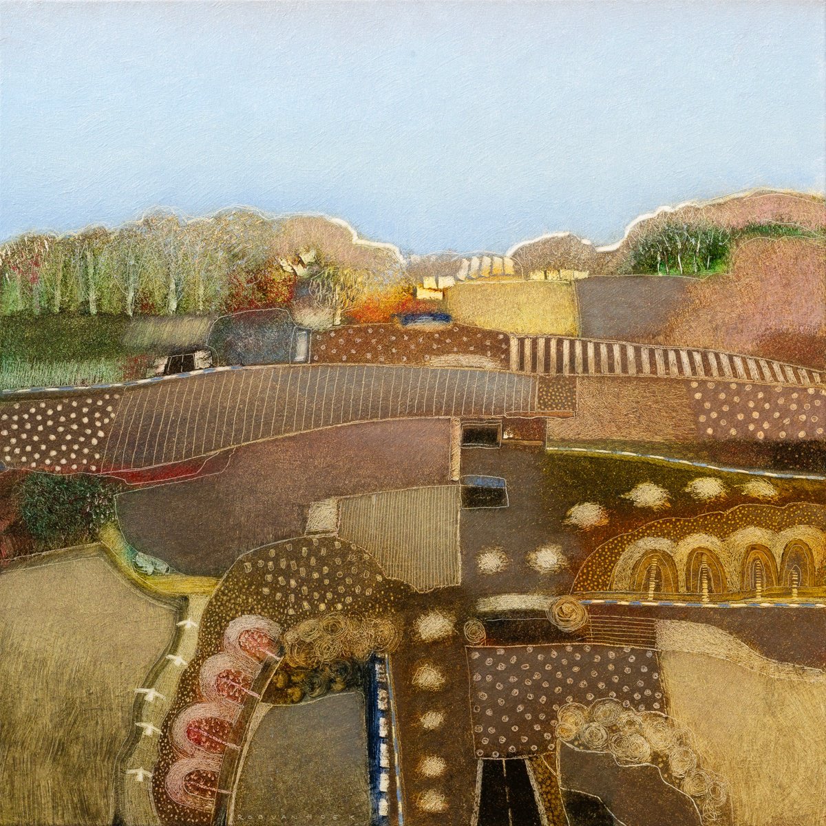 Landscape Oil Painting By Rob Van Hoek, 33 X 33", A Cloudless Blue Sky, Original Artwork