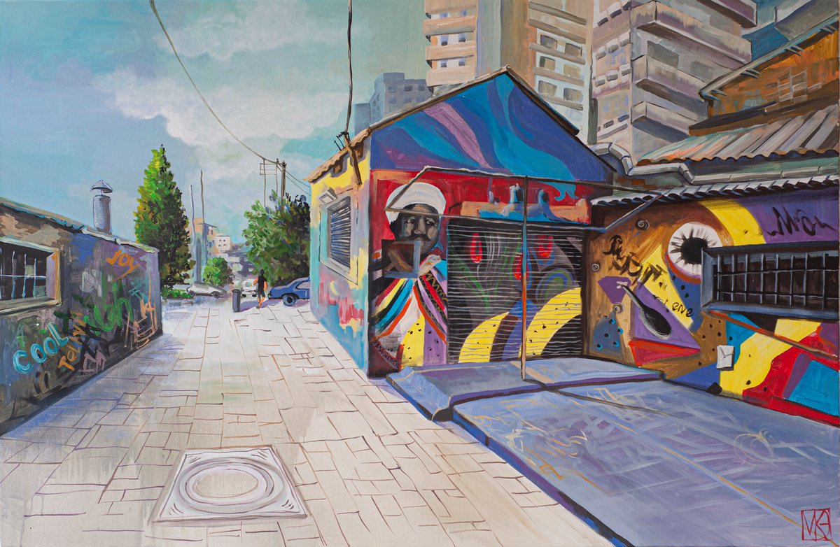 Impressionistic Cityscapes Acrylic Painting By Maria Kireev, 55 X 35", Florentine Street .Tel Aviv, Original Artwork