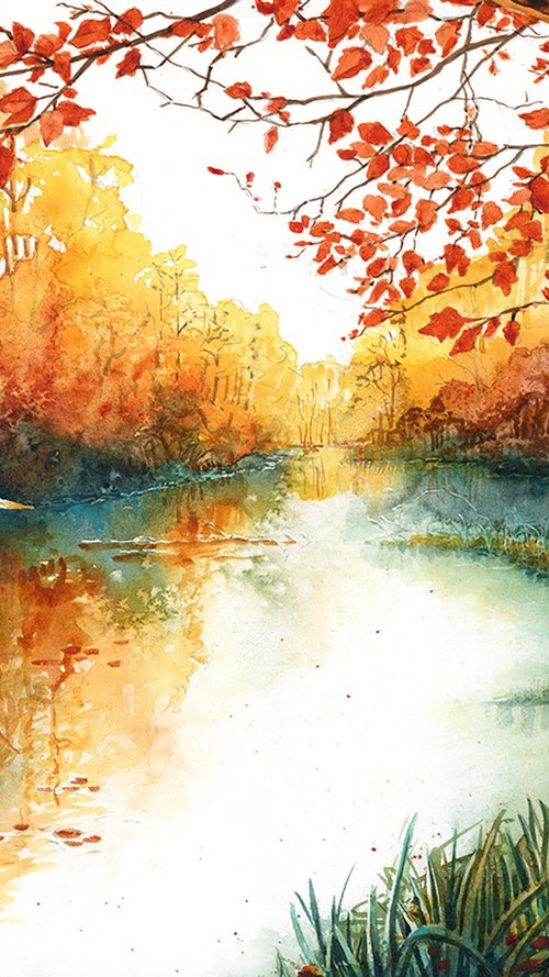 Great Egret over an Autumn River by Karolina Kijak