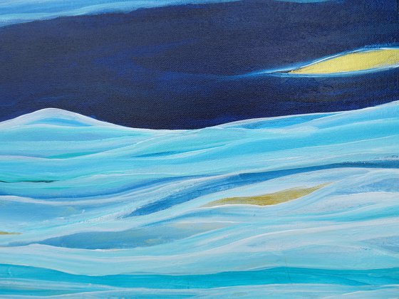 Large Abstract Seascape Painting. Ocean Waves. Blue and Gold Abstract Landscape Painting