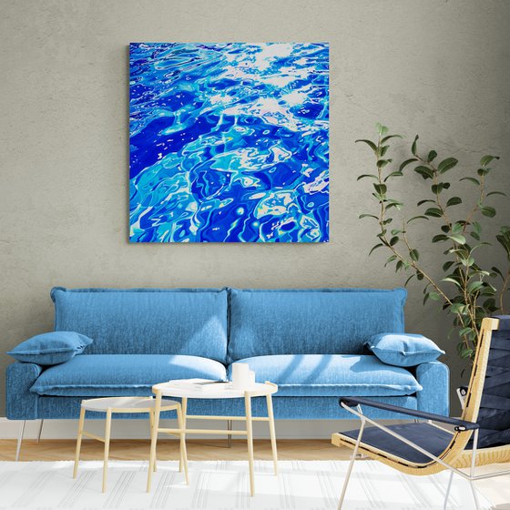 Sea ocean blue color waves with bright sun glares water reflections. Impressionistic artwork. Large wall art home decor. Art Gift