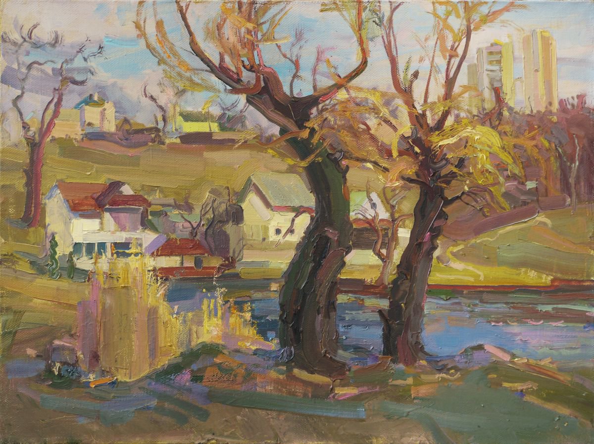 Impressionistic Landscape Oil Painting By Victor Onyshchenko, 31 X 24", Willows Near The Lake, Original Artwork