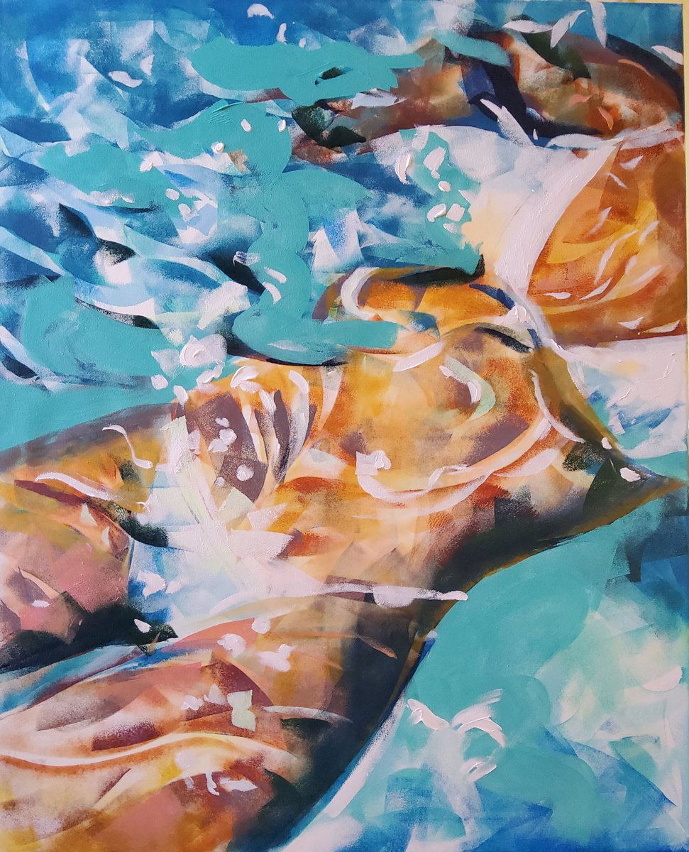 Expressive Portrait Acrylic Painting By Marina Del Pozo, 32 X 39", Piscina 5, Original Artwork