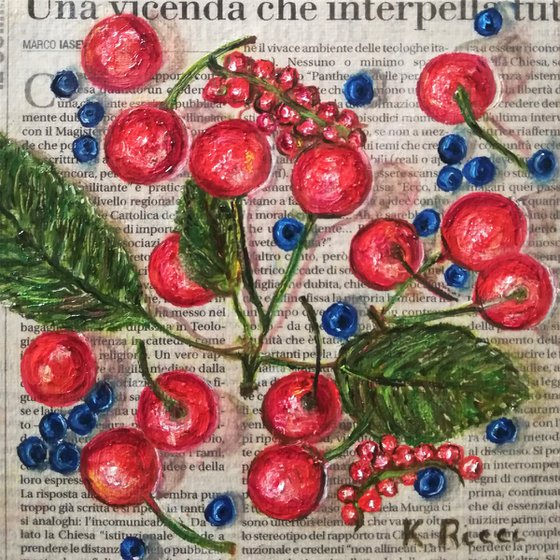 "Cherries Blueberries on Newspaper" Original Oil on Canvas Board Painting 6 by 6 inches (15x15 cm)