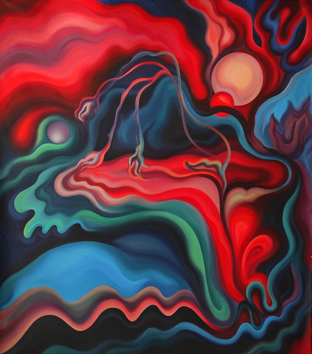 Expressive Abstract Acrylic Painting By Tetiana Borys, 53 X 61", Between The Sun And The Moon, Original Artwork