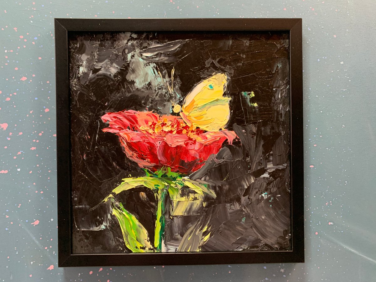 Flower and butterfly. Original impasto, Palette knife oil painting. Framed. by Vita Schagen